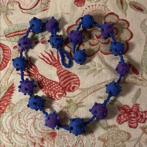 Handcrafted Felt Blue Purple Multicolor Beaded Necklace 12”